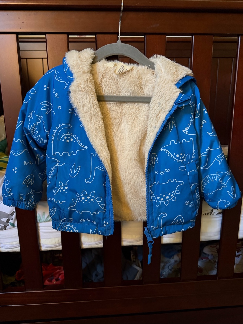 Toddler Blue Dinosaur Puffer Jacket with Plush Lining
